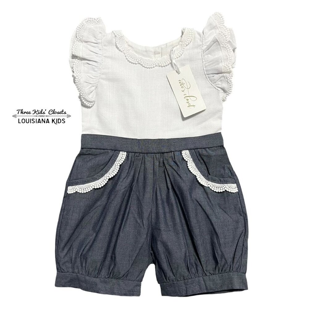 NEW Evie's Closet 6m Chambray & White Linen Lace Bubble Romper